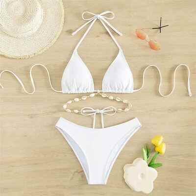 Solid color neck hanging shell bikini 纯色系带挂脖贝壳比基尼
