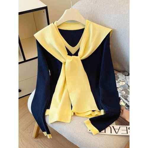 新款洋气秋冬大码女装披肩针织上衣女撞色长袖修身显瘦毛衣1218h