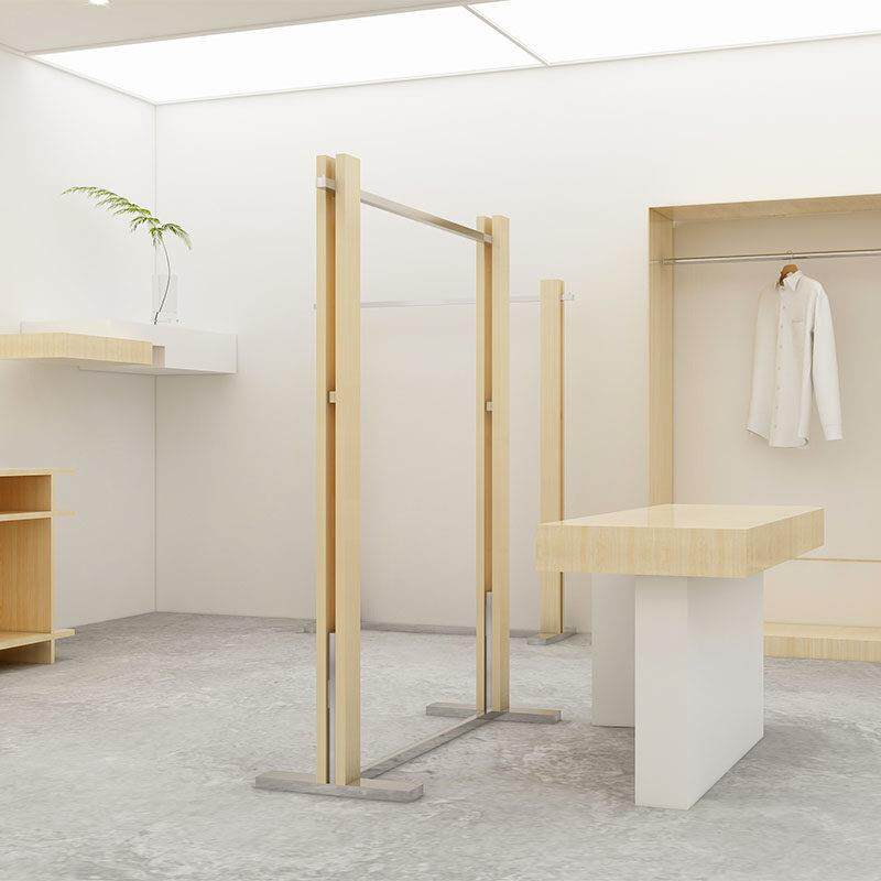 服装店展示架原木不锈钢上墙简约侧挂落地架陈列架服装店挂衣架