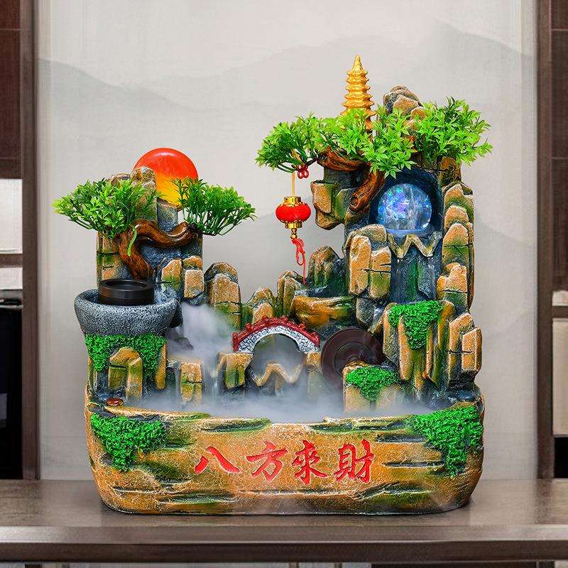 水车风水轮假山流水生财喷泉水景山水高山循环水招财开业风车摆件