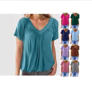 V领插肩袖 个性 抽褶休闲日常家居T恤 新款 2025亚马逊欧美跨境热卖
