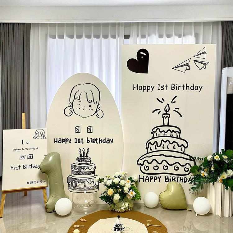 韩系风周岁生日布置场景装饰背景墙男女孩宝宝派对板感绢花通用猫