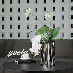 简约厅部插干花瓶花器锈钢不茶几售楼客酒店CTF餐厅吧台摆件软装