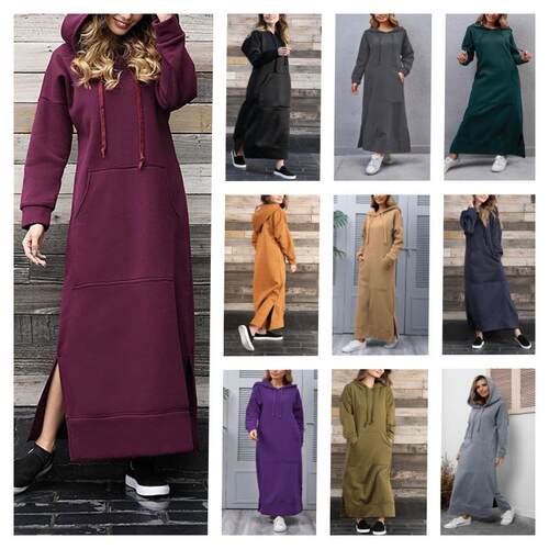 Large knit hooded long skirt sweatshirt dress with large
