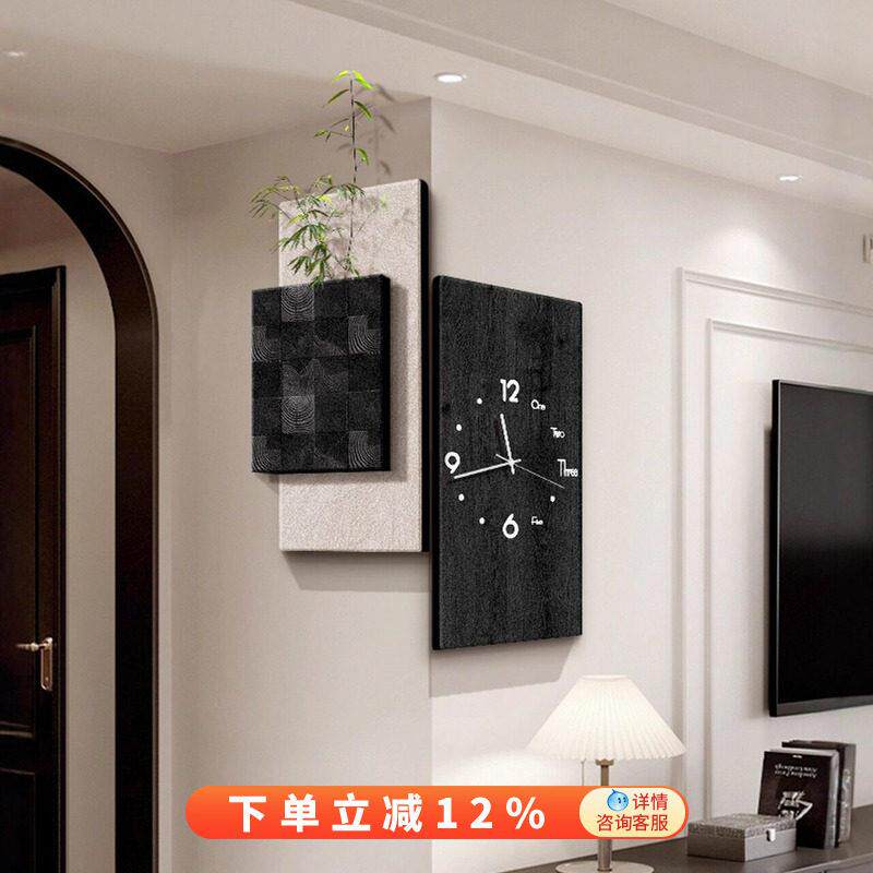 高级感转角时钟客厅装饰画挂钟创意电视背景玄关拐角双面挂墙钟表