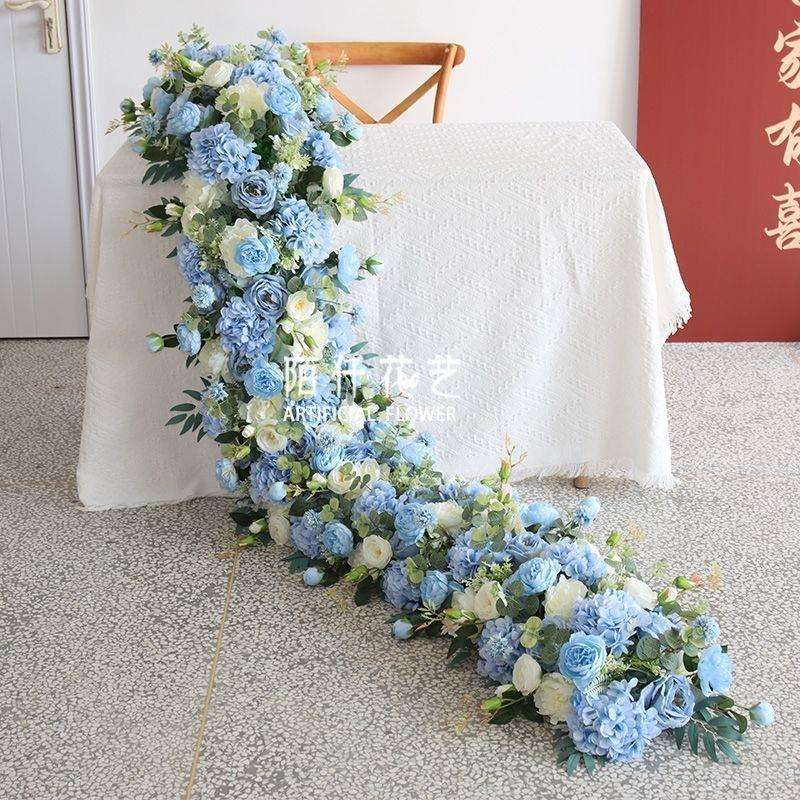 婚庆酒店宴会长桌花西式欧式仿真长花排拖尾花艺婚礼派对装饰花艺