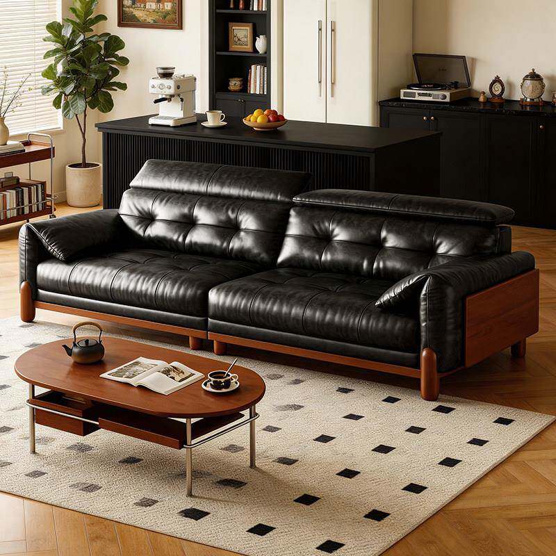 2026新款中古风油蜡皮沙发复古风小户型客厅直排头层牛皮实木沙发