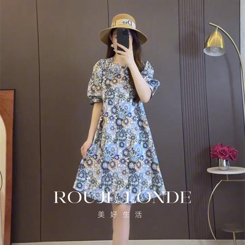 ROUJE LONDE大码夏季新款宽松显瘦连衣裙胖mm短袖碎花泡泡袖A字裙
