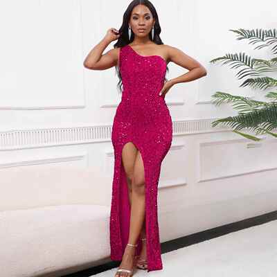 Women's slanted shoulder slit long skirt with sequins long