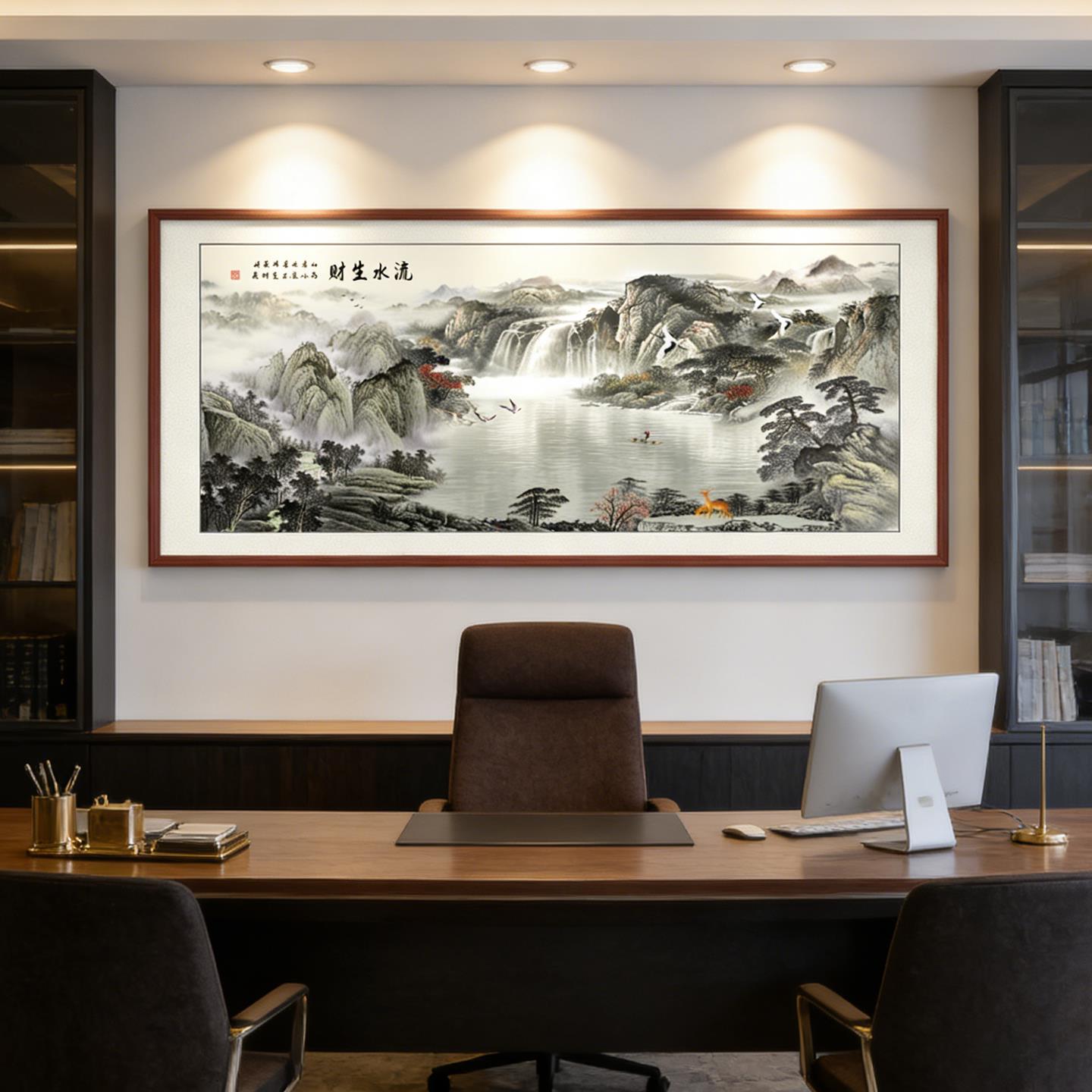 沙发背景墙聚宝盆山水客厅招财字画办公室装饰靠山挂画流水生财壁