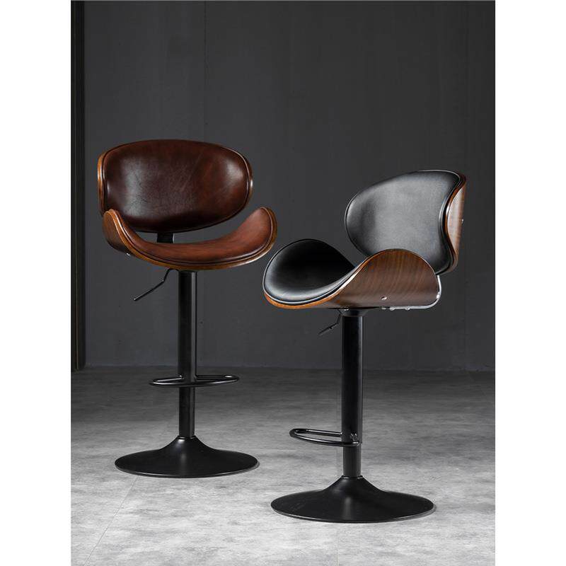 吧台椅升降现代简约铁艺轻奢靠背高脚凳子家用牛皮吧台凳前台椅子