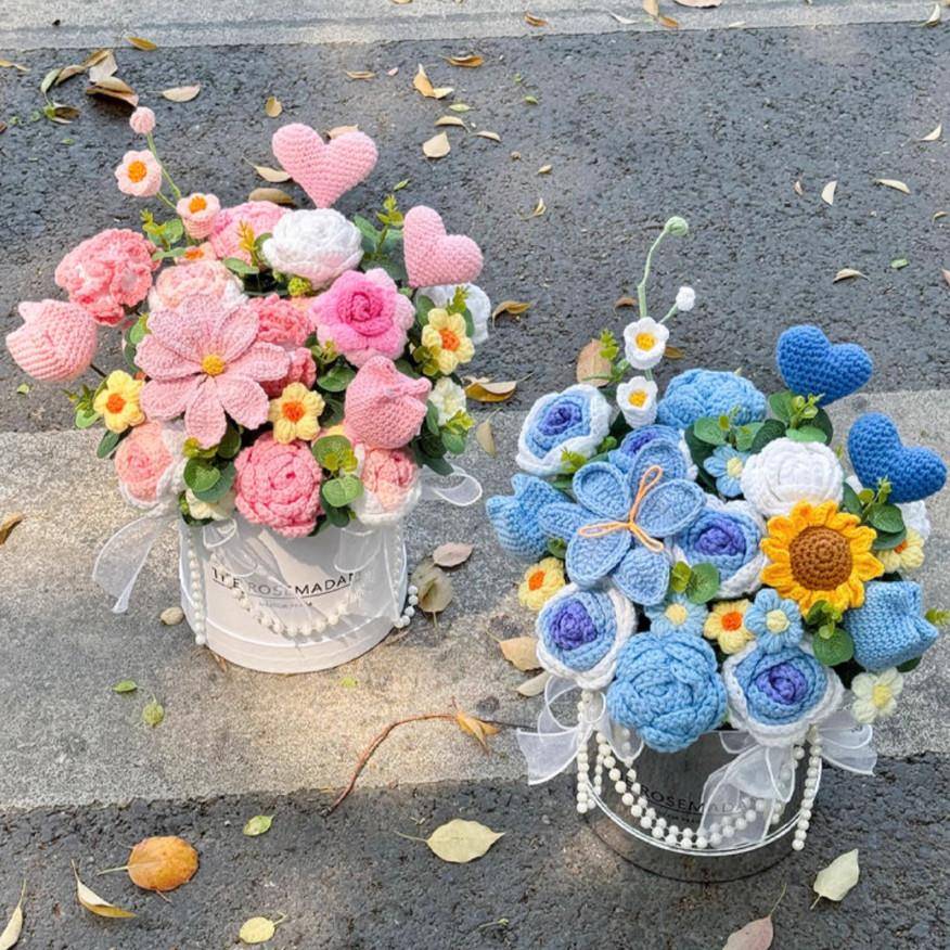 三八节生日礼物手工针织毛线花束玫瑰郁金香仿真抱抱桶送女友闺蜜