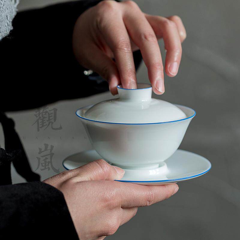 玉泥手工盖碗茶杯白瓷手抓碗泡茶碗功夫茶具茶碗薄胎三才盖碗套装