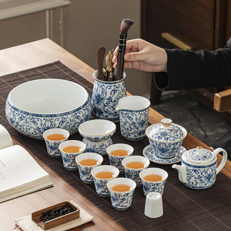 青花瓷整套功夫茶具办公客厅泡茶碗沏茶壶三才盖碗茶杯礼盒套组装