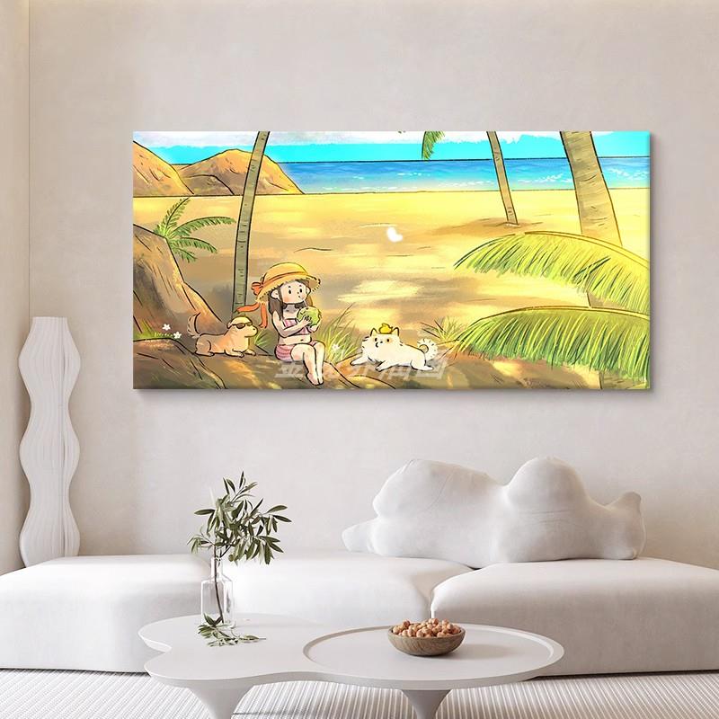 海边的女孩儿童房卧室挂画客厅背景墙手绘油画椰树植物玄关装饰画图片
