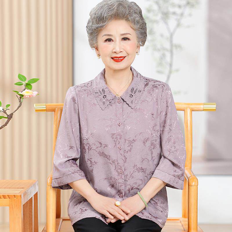 时尚中老年人衬衫女印花夏装桑蚕丝100%套装大码奶奶翻领真丝上衣