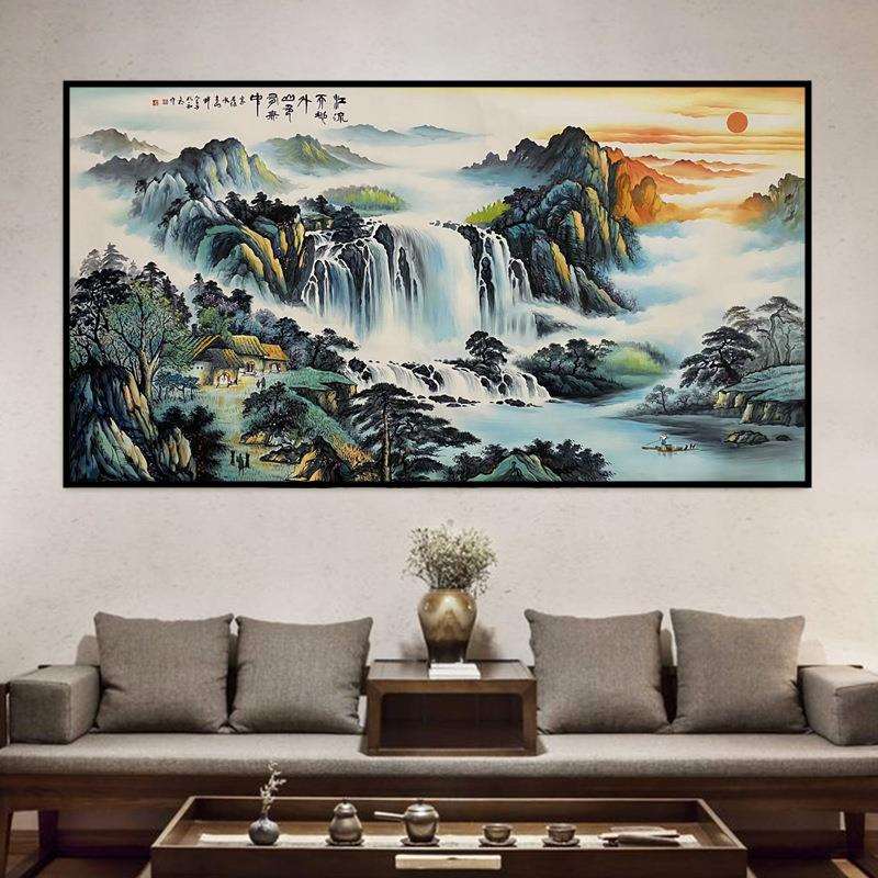 新中式纯手绘油画源远流长风景画靠山图办公室会议室客厅大幅挂画