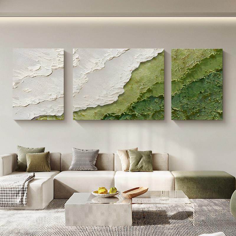 现代抽象客厅装饰画沙发背景墙绿色挂画肌理感砂岩大气三联壁画