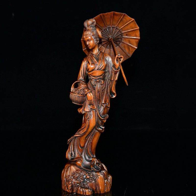旧藏老黄杨木雕刻提篮打伞古代美女复古文玩工艺品居家装饰品摆件