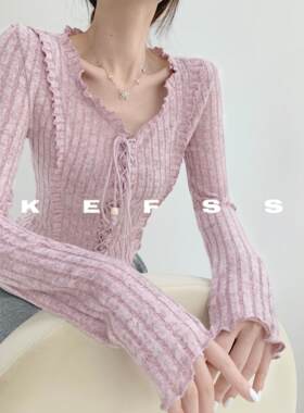 Rouje Kefss法式木耳边交叉绑带长袖打底衫秋V领短款显瘦针织上衣