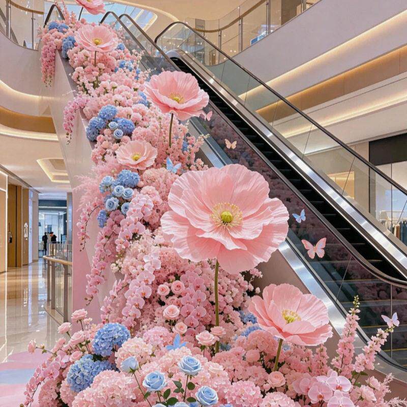 商场电梯花艺装饰景区楼梯步梯造景玫瑰瀑布花仿真花网红打卡点