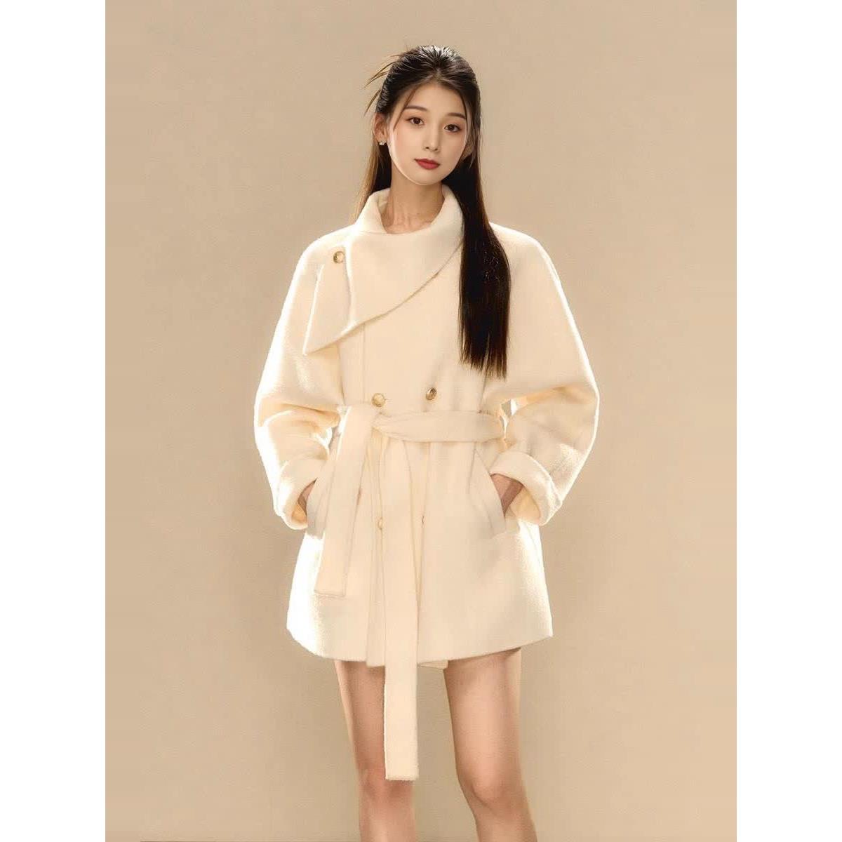 白色双面羊绒大衣女中长款2025秋冬季新款小个子高级感羊毛呢外套