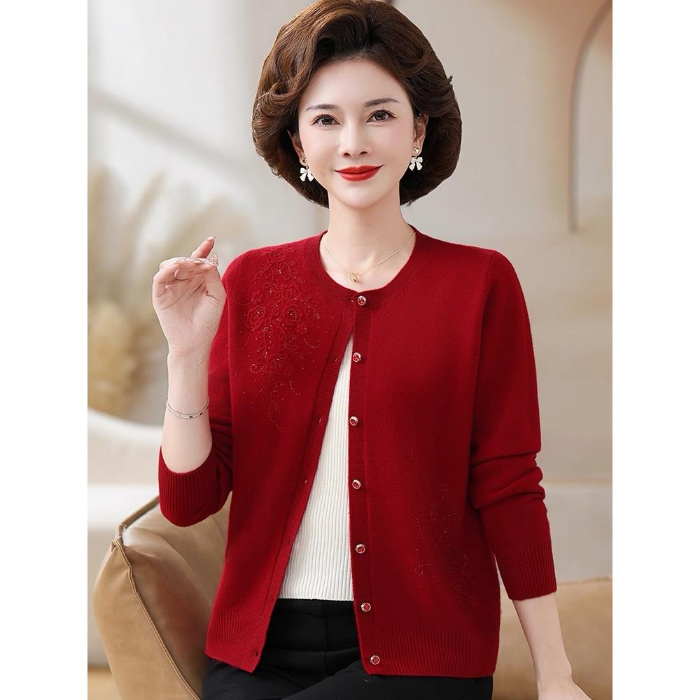 中老年妈妈装100%纯羊绒衫女毛衣开衫秋冬季纯色针织衫羊毛衫上衣