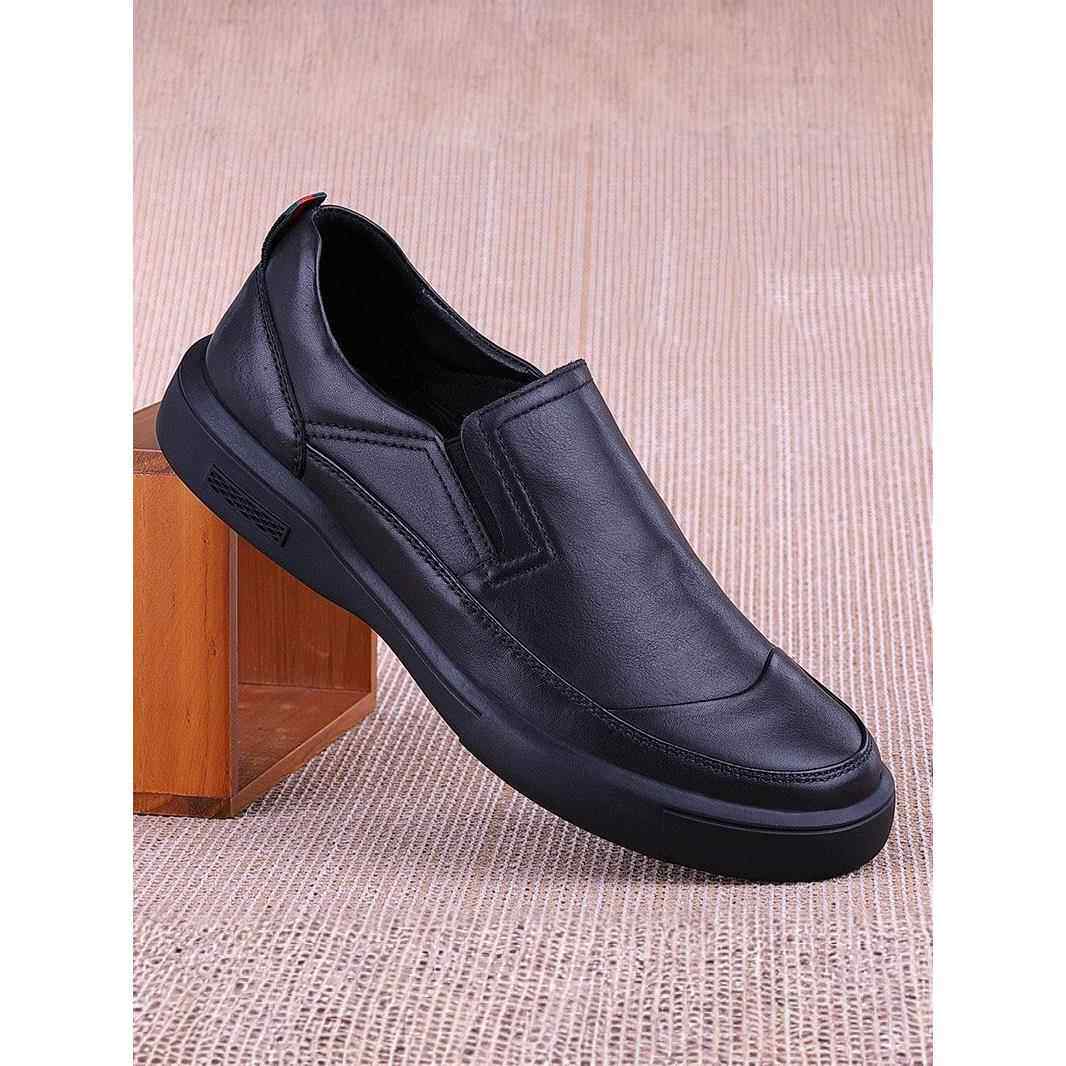 高端潮牌头层牛皮透气休闲皮鞋男厚底套脚豆豆鞋防滑耐磨软底单鞋