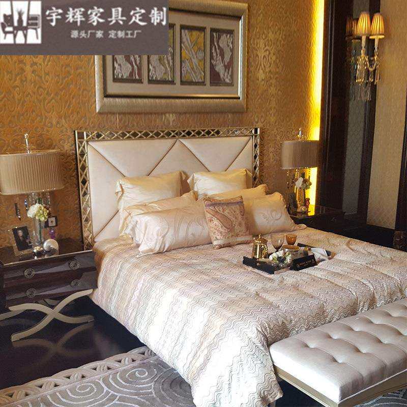 新古典后现代卧室家具 实木雕刻香槟银箔床边灯柜 带抽床头柜