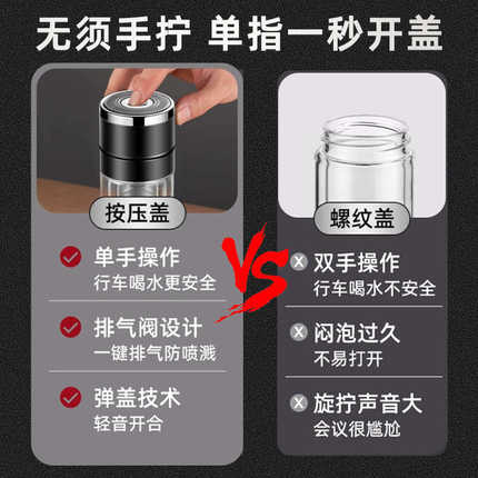 一键开盖速开茶水分离杯耐高温男士车载商务水杯双层保温玻璃水杯