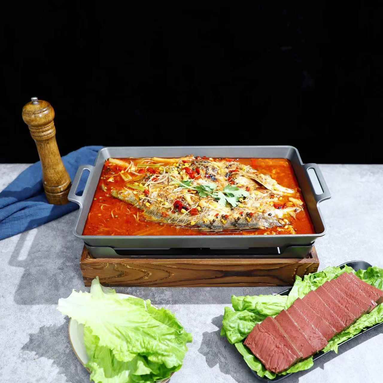 铝制诸长葛烤鱼炉木座商用方形ADH鱼木炭酒精炉大档排不粘烤盘羊