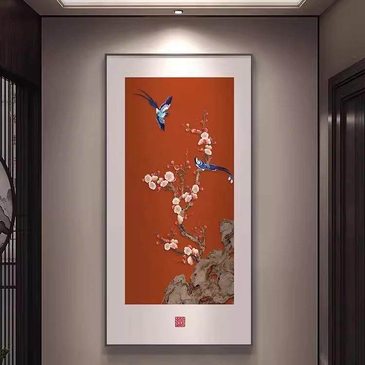 喜上眉梢新中式花鸟壁画红色玄关装饰画走廊过道寓意好竖版画挂画