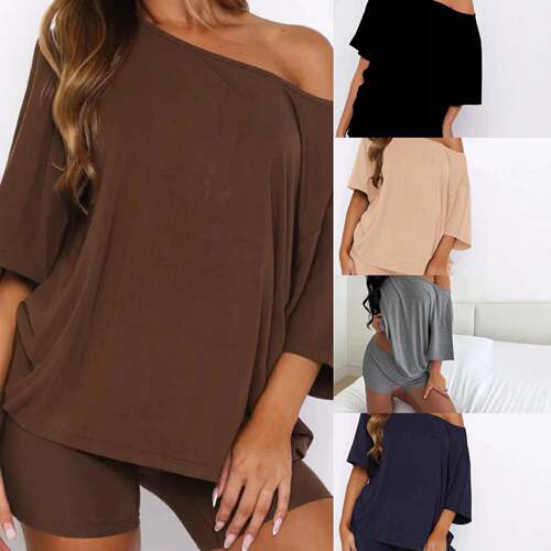 Women Asymmetrical Shoulder Round Neck Shorts Set Casual