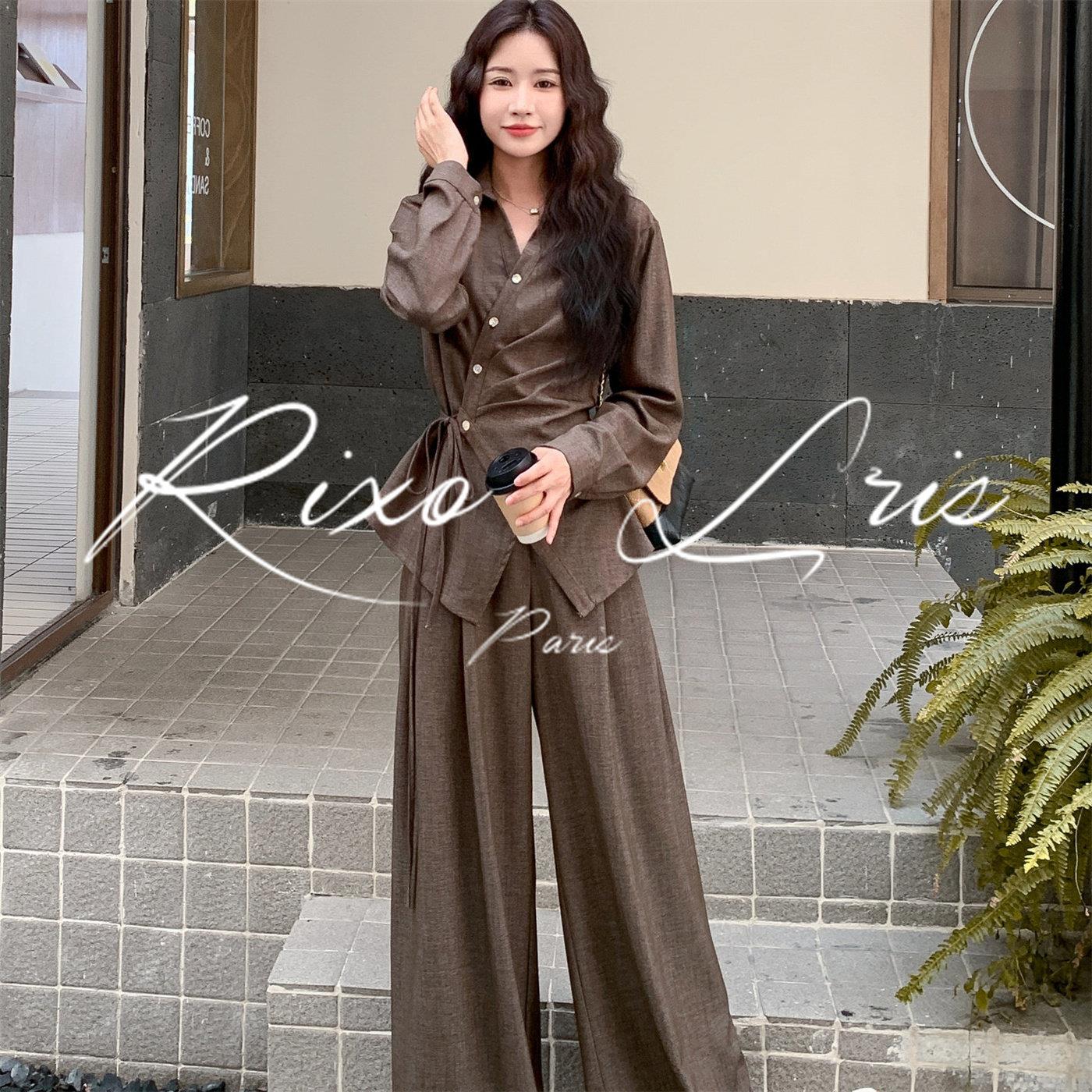 RIXO LRIS法式咖色老钱风斜扣衬衫套装女春新款气质阔腿裤两件套