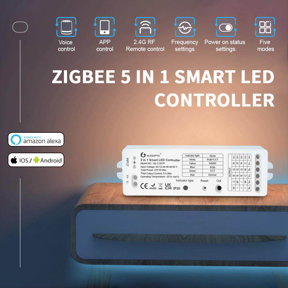 GLEDOPTO五合一灯条控制器RGB RGBW CCT 2.4G灯带调光器ZIGBEE3.0