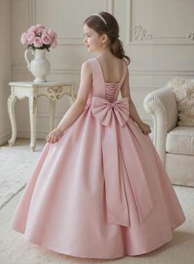 女童粉色缎面晚礼服生日派对钢琴演出服公主裙女孩婚纱长款连衣裙