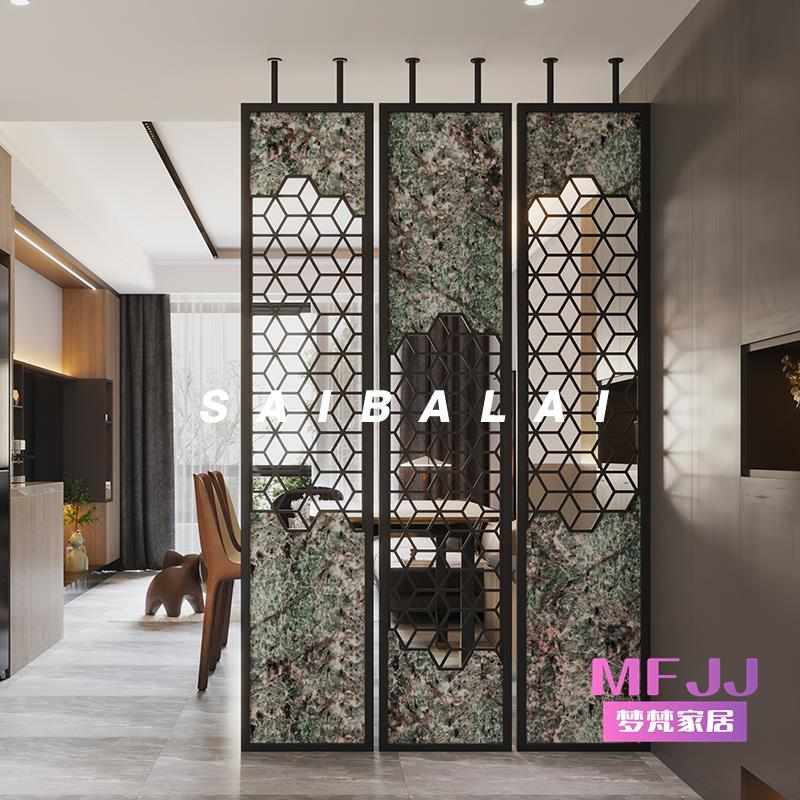 W8新中式不锈钢铁艺轻奢屏风简约抽象隔断墙餐客厅入户玄关卧室遮