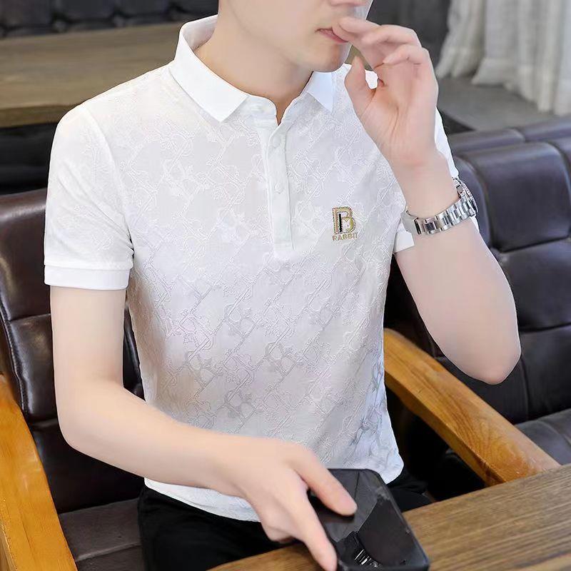 白色Polo衫男短袖夏季潮流冰丝休闲修身刺绣透气真丝男士翻领t恤