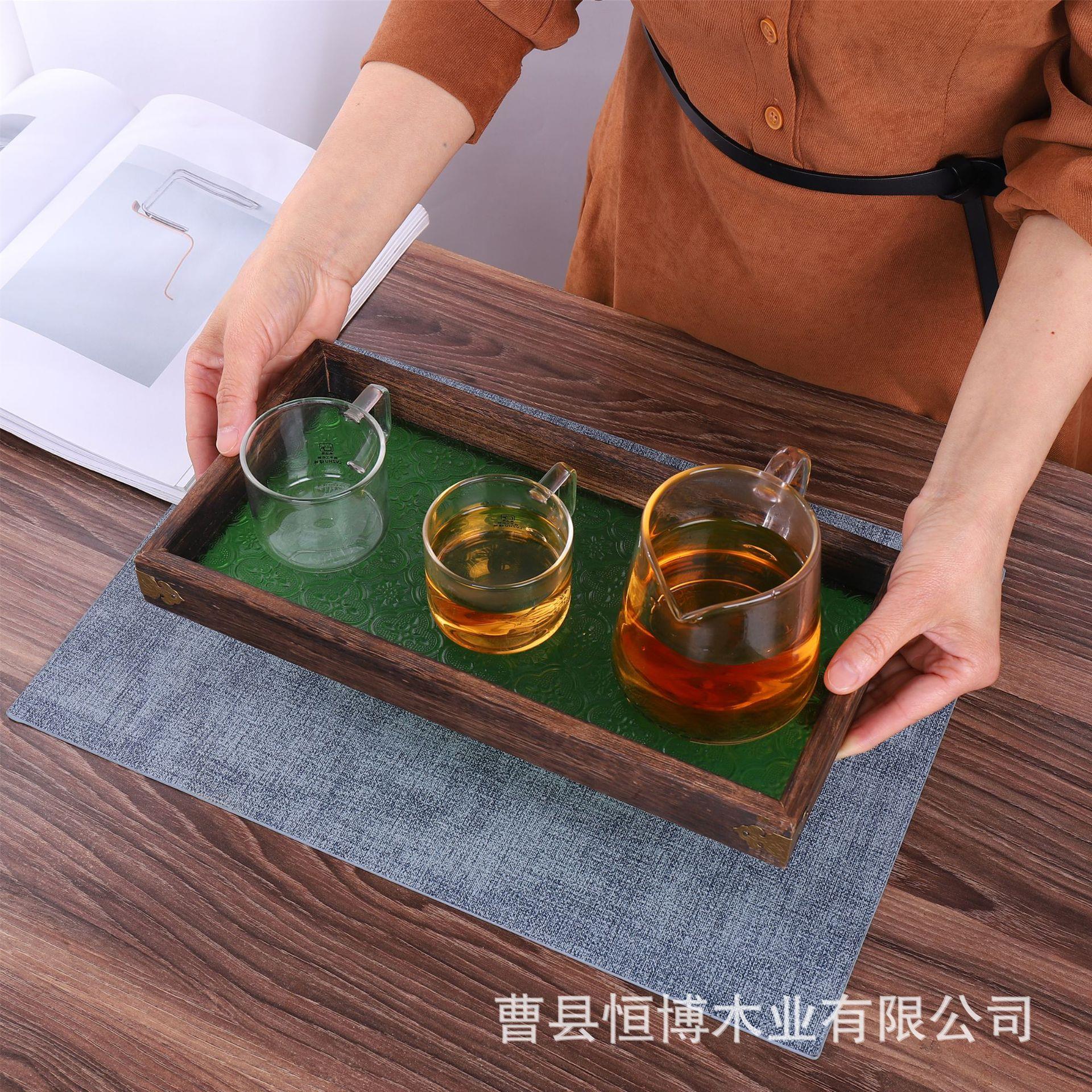 海棠花玻璃木托盘实木水果点心盘子家用长方形木质水杯茶杯收纳盘