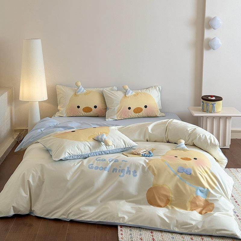ins高颜值戴帽子小黄鸭水洗棉印花四件套亲肤四季通用床品,床上用品,床垫/床褥/床护垫/榻榻米床垫,淘宝优惠券,粉丝福利购,淘宝优惠卷