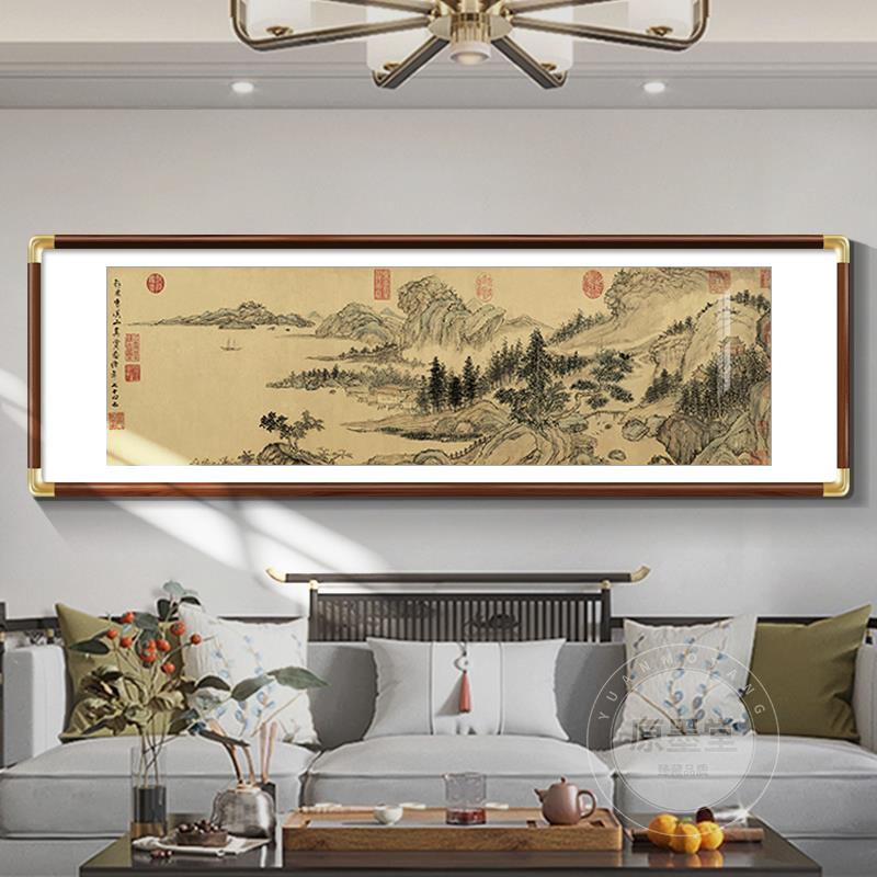 网红新中式厅山挂画发背景墙装饰画名水画景国沙画客大气办公室风图片