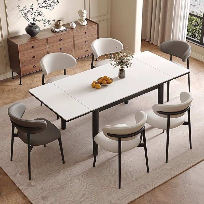 中古风实木岩板餐桌椅组合现代简约伸缩家用小户型折叠长方形饭桌