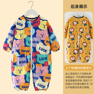 儿童连体罩衣秋冬季男童宝宝画画防水防脏婴儿爬行爬爬服女童外穿