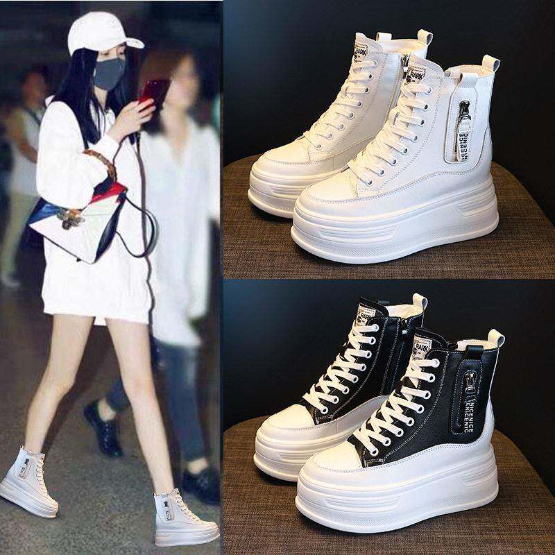 高帮鞋女鞋内增高8cm2025冬季新款小白鞋真皮厚底加绒侧拉链板鞋