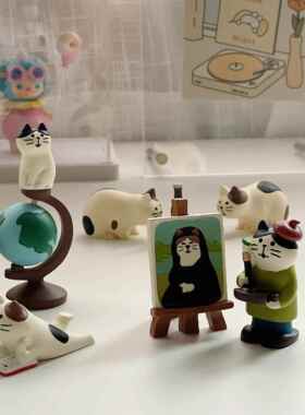 书房可爱画 画室猫咪摆件 图书馆ins迷你微缩桌面树脂工艺装饰品