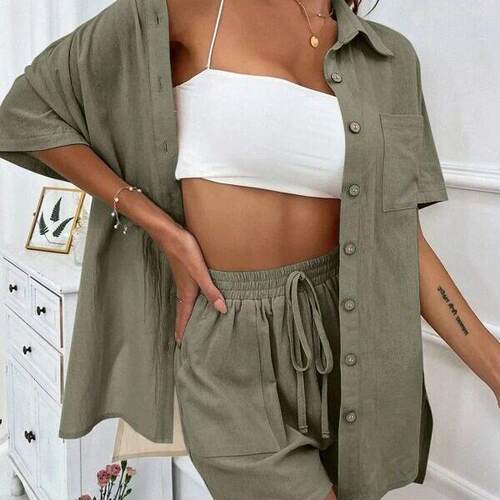 Women'S 2 Pieces Outfit Turn-Down Collar Button Front Pocket