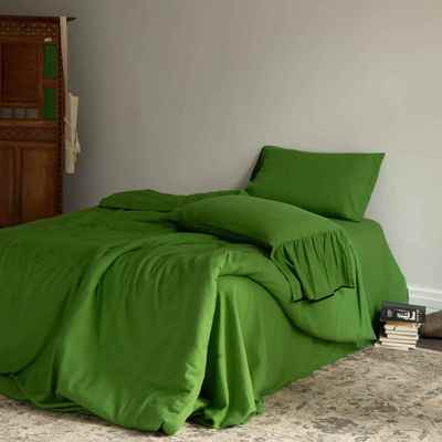 法式公主风全棉色织水洗双层纱床上四件套绿色纯棉床单被套裸睡