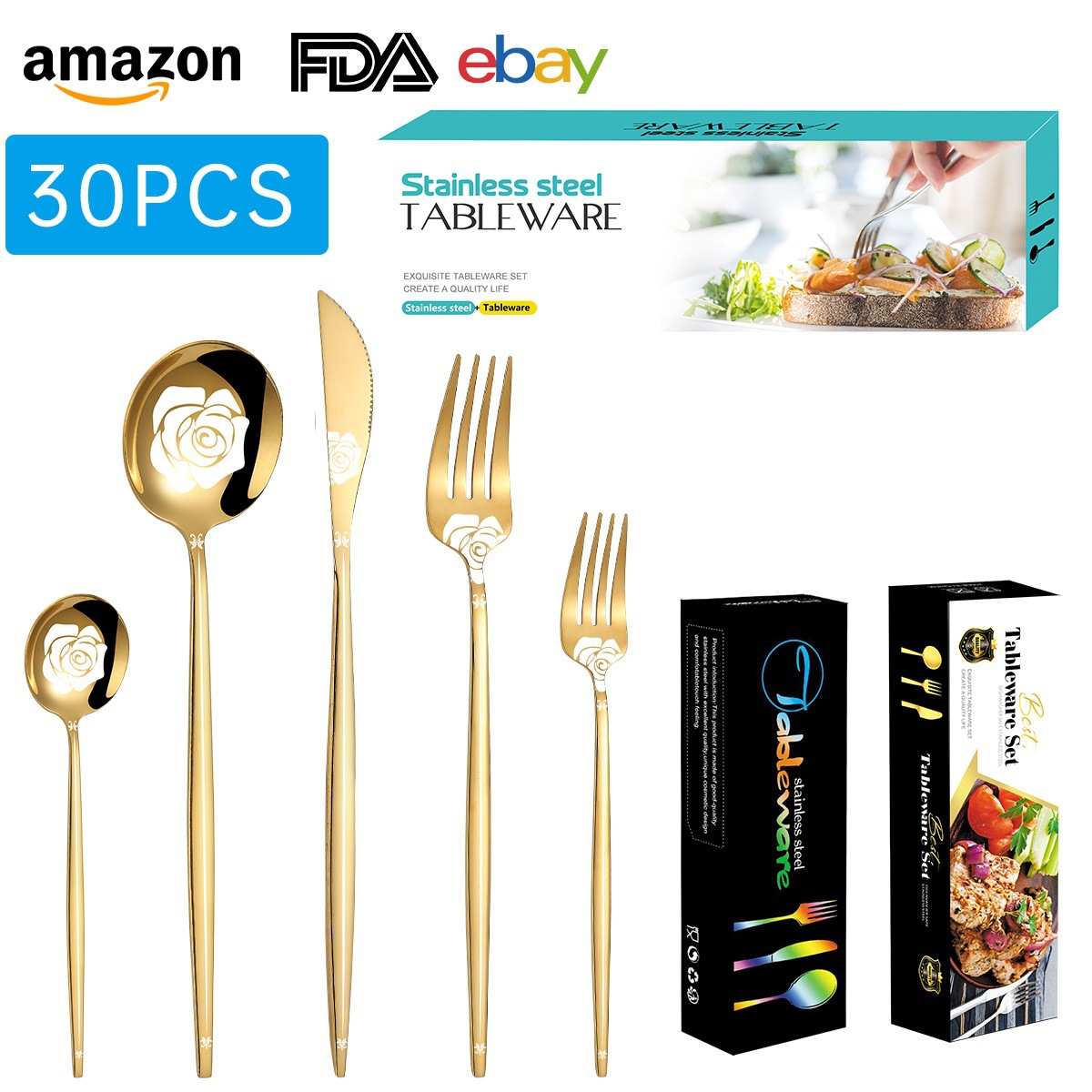 亚马逊新款不锈钢刀叉勺花纹餐具20件套装 镀黑五主件PVD工艺雕花