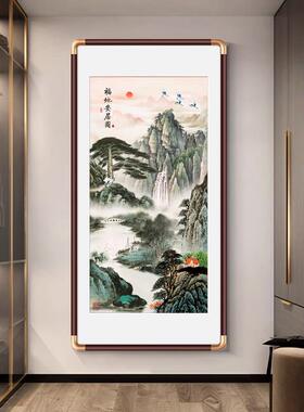 新中式山水画招财竖版风水挂画背景墙入户正对门玄关装饰福地安居