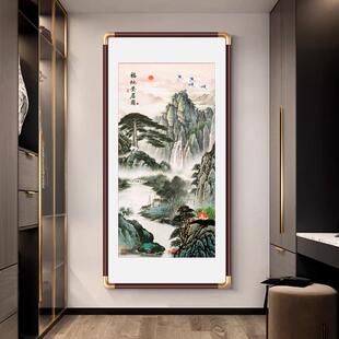 新中式山水画招财竖版风水挂画背景墙入户正对门玄关装饰福地安居